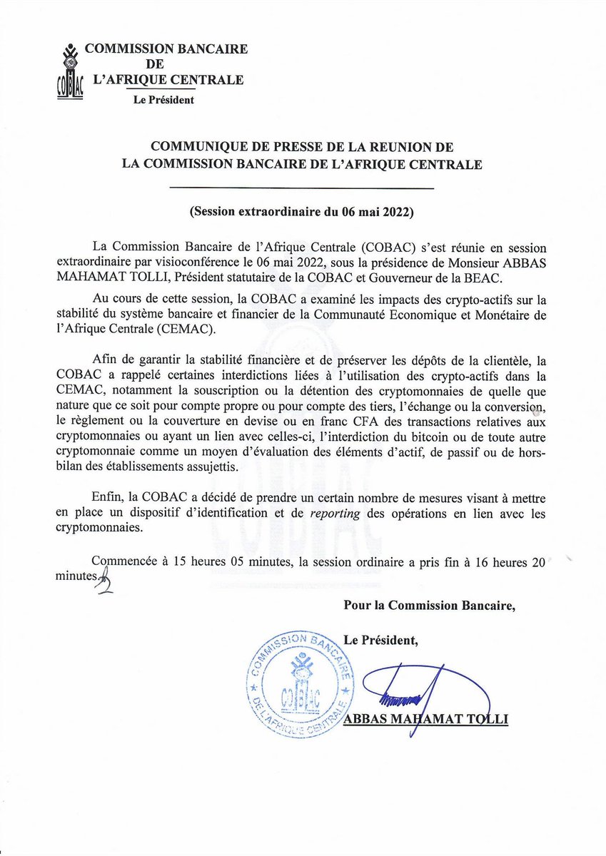 africatechie's tweet photo. So the banking commission regulating the CEMAC zone (covering 6 countries in Africa, including CAR), says it's reminding us that buying, holding, exchanging, converting crypto is banned. https://t.co/FKBz8YgSkR