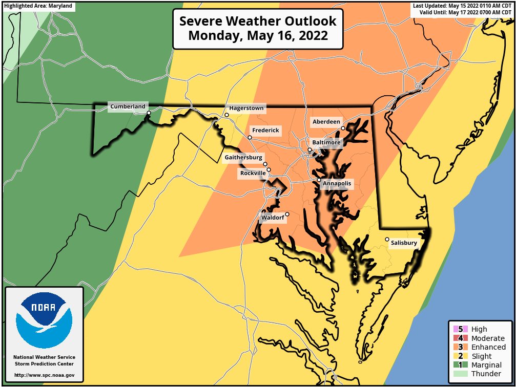 Monday is shaping up to be an active weather day:
Timing: 
▪ Most likely Noon – 8 PM
Hazards: 
▪ Scattered to numerous severe thunderstorms are possible
▪ The main threat is damaging winds, but large hail and a couple tornadoes are possible as well
#MDWx Follow: <a href="/NWS_BaltWash/">NWS Baltimore-Washington</a>