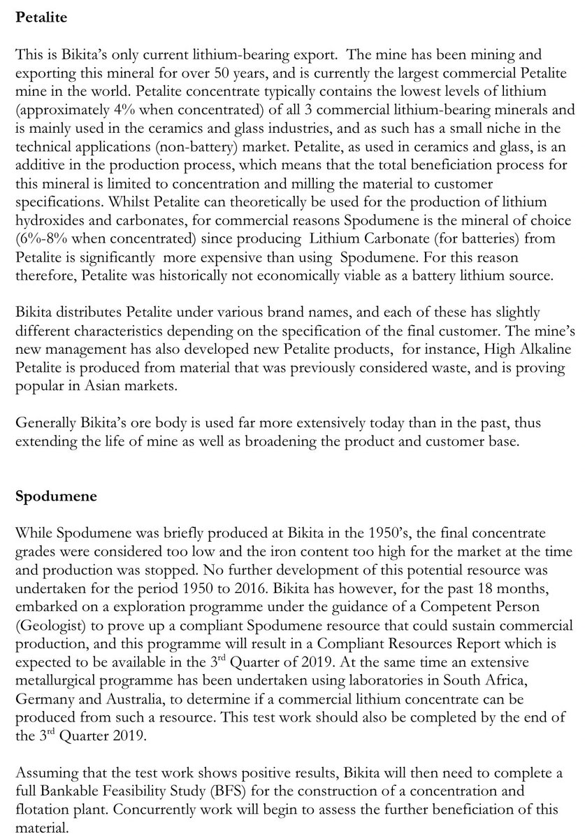 2. There are 2 ‘types of lithium’:Bikita exports petalite. Used in ceramics (tiles, glass, kitchenware). The petalite Bikita exports is fully beneficiated; added AS IS in manufacturing. The company does not yet mine spodumene, which bears the lithium used for batteries