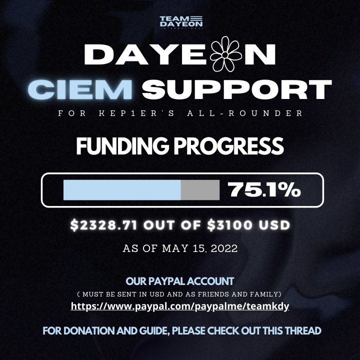 220515 | #DayeonCIEMSupport #DayeonCIEMUpdates

Here is the 48 HOURS update about the CIEM PROJECT for DAYEON! 💜

We finally reach the 75% of our goal within 48 hrs! for Dayeon's KOR Supporters please stay tuned for the opening of KOR based fundraising later. 
Thank you!

(1/2)