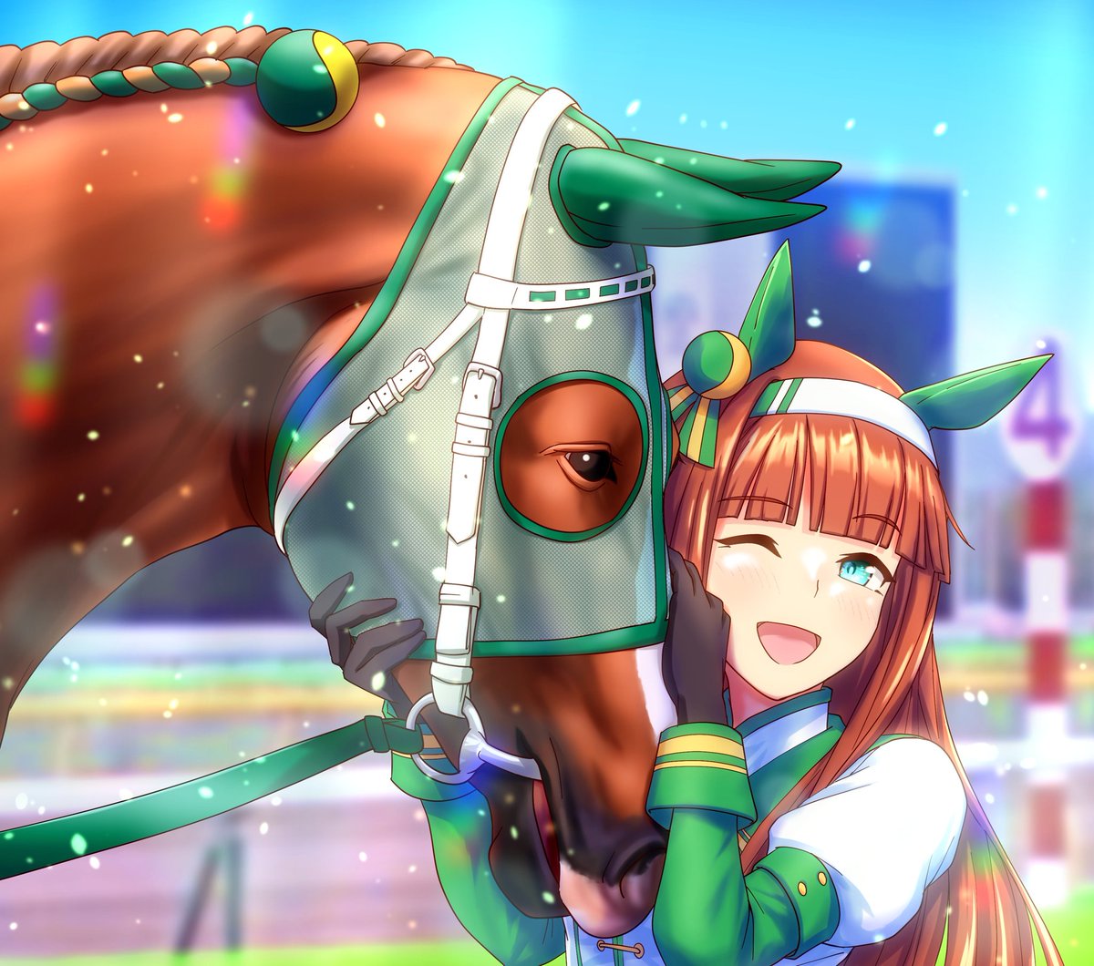 silence suzuka (umamusume) 1girl creature and personification horse ears animal ears one eye closed gloves horse  illustration images