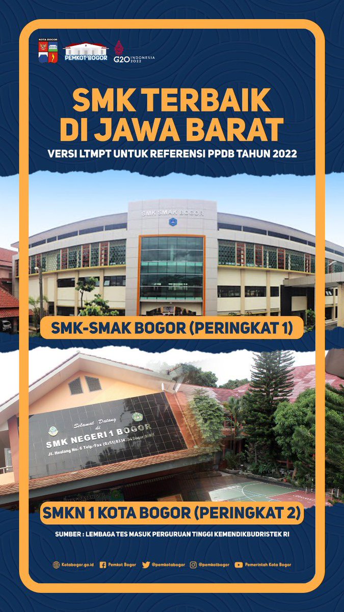 Bogorian, SMK - SMAK Bogor dan SMKN 1 Kota Bogor meraih penghargaan SMK terbaik di Jawa Barat versi LTMPT untuk referensi PPDB Tahun 2022.

Peringkat 1 SMK - SMAK Bogor dan Peringkat 2 SMKN 1 Kota Bogor.

#pemkotbogor