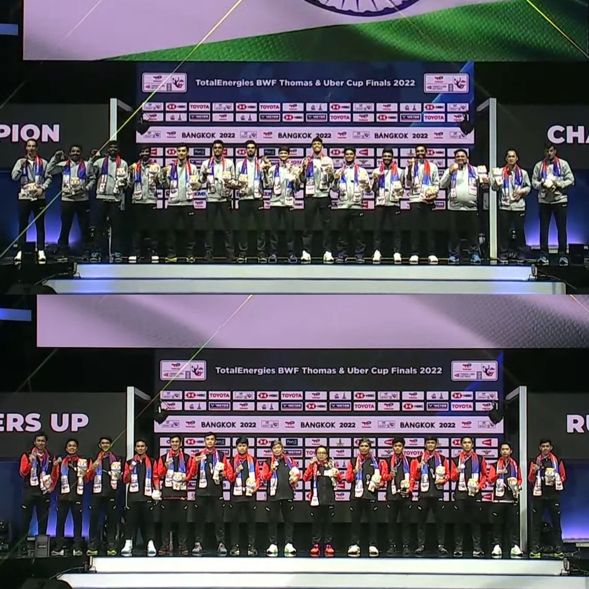 BadmintonTalk's tweet photo. #ThomasCup2022 - Medalists

🥇🇮🇳INDIA
🥈🇮🇩INDONESIA
🥉🇯🇵JAPAN
🥉🇩🇰DENMARK

Congratulations to all medalists!

#TUC2022 #ThomasUberCups #Bangkok2022 https://t.co/jnvPCxQXOg