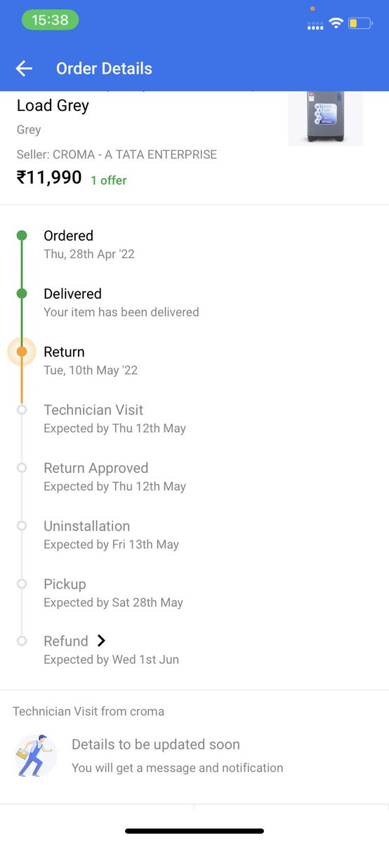 pras_sharma's tweet photo. #Flipkart #flipkartsupport #croma this washing machne has been declard defective by the installation &amp; demo guy, since then I hav been requsting4 pickup &amp;refund, but no technician has visited, nothing and the time is about 1month,emi shall be raised be4 the pikup is this justice? https://t.co/Goc7bRhzWe