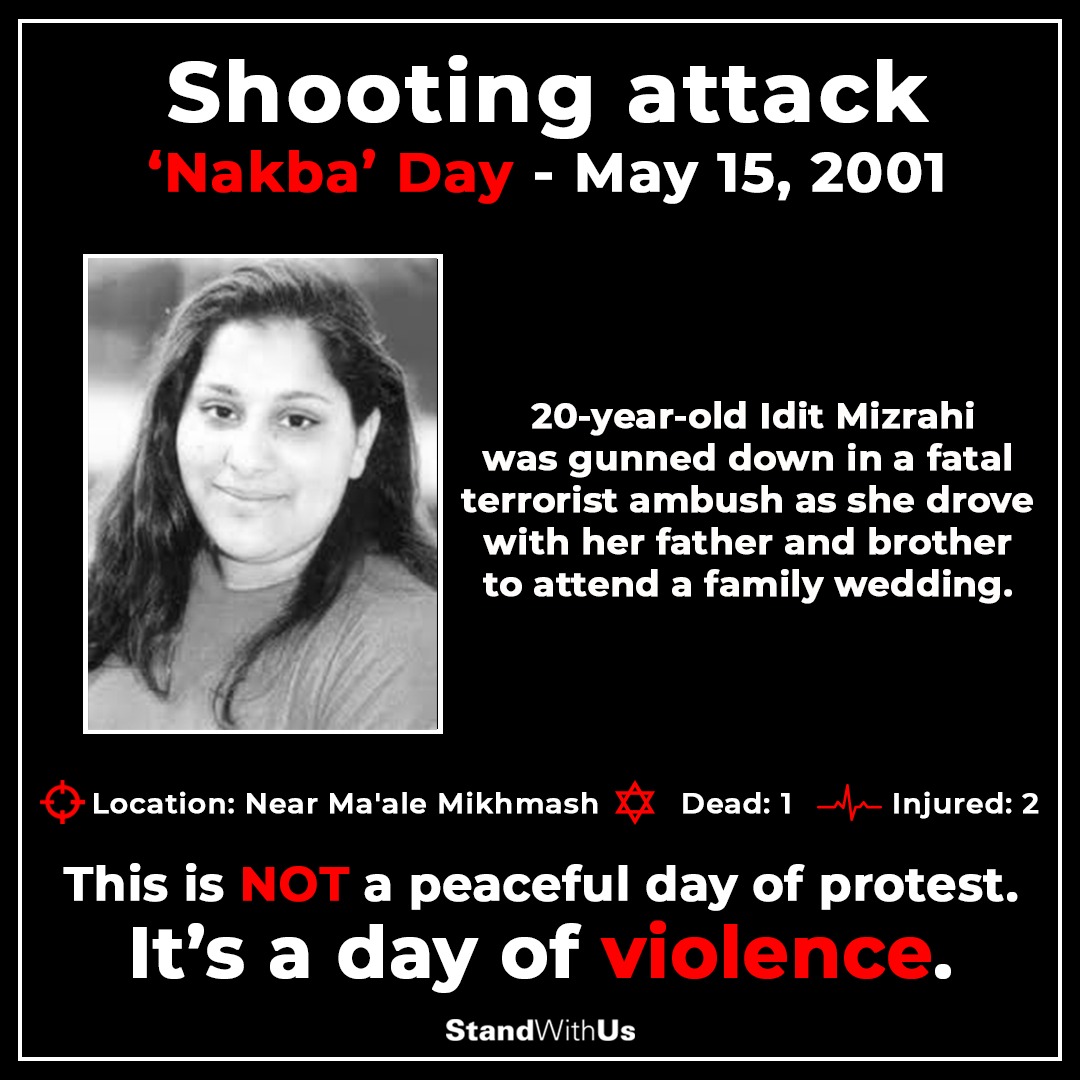 StandWithUs's tweet photo. 21 years ago, Idit Mizrahi was murdered by Palestinian terrorists while driving to a family wedding. Her father and brother were injured. Over the years, countless terror incidents have taken place in #Israel in the name of "Nakba Day."
#NakbaDay #KeyToJustice #KeyToPeace https://t.co/mfNowRZkkl