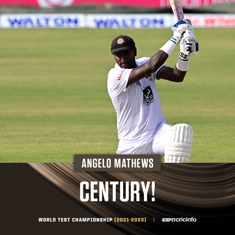 cricinfo's tweet photo. We have a centurion on the first day!

Angelo Mathews gets to his 12th Test 💯 with a four 👏 #BANvSL