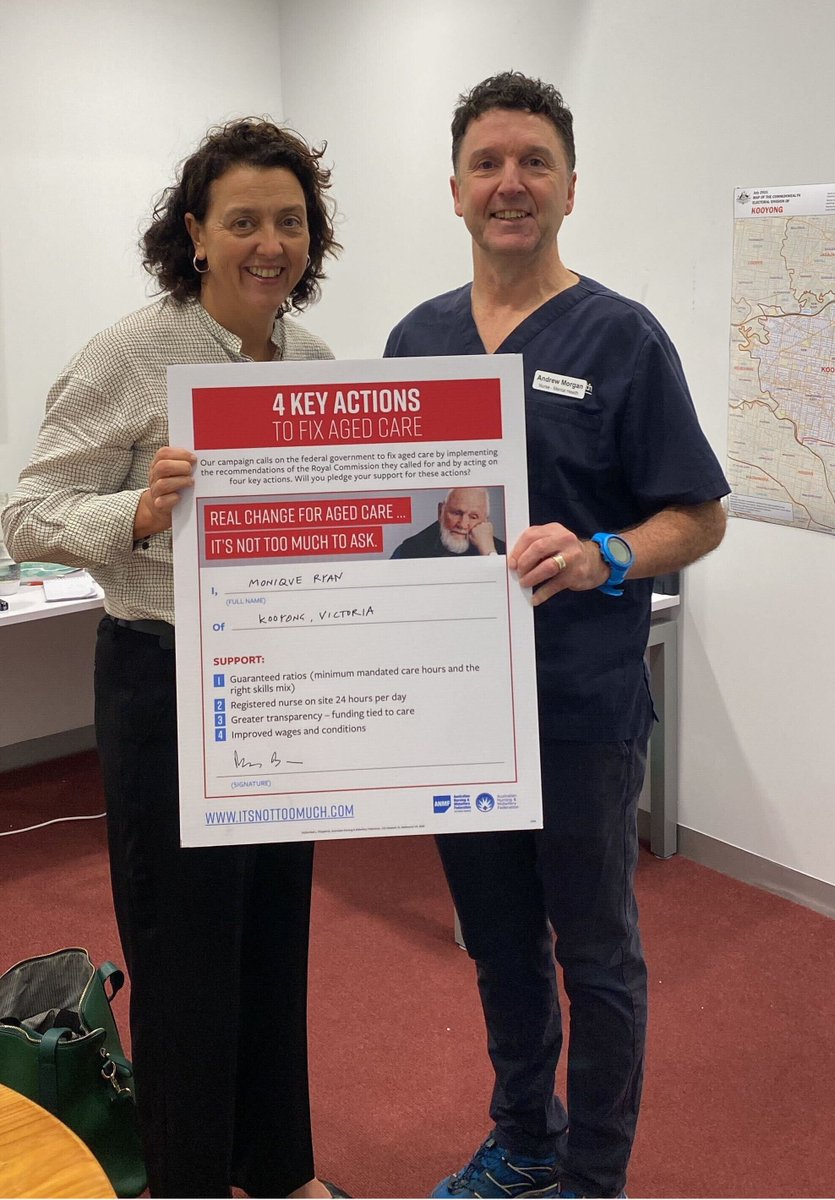 Mon4Kooyong's tweet photo. I was delighted to meet with Andrew Morgan, the Vice President of the AMNF Victorian Branch and sign their pledge to fix Aged Care.

For our Aged Care residents and health care workers, we can do better.

#auspol #Mon4Kooyong #KooyongVotes https://t.co/5m74ojIQ9U