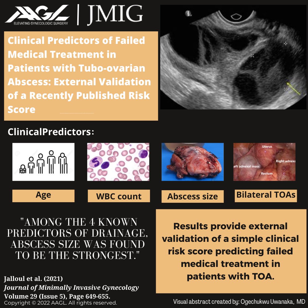 _oge_ego's tweet photo. Check out this interesting article! Clinical Predictors of Failed Medical Treatment in Patients with Tubo-ovarian Abscess: External Validation of a recently Publishes Risk Score https://t.co/VGe9dKgjE1 #JMIGvisualabstract #MIGS #JMIG @AAGLJMIG https://t.co/h62JrqfeY2