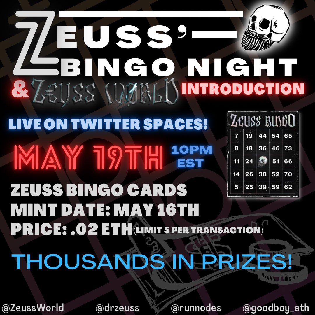 ZeussCapital's tweet photo. ⚡️ ANNOUNCEMENT ⚡️

Zeuss Bingo mint is TOMORROW at 9 PM EST 

MINT: .02 ETH (Limit 5 per transaction) with 1,000 total cards

RETWEET THIS FOR A CHANCE TO WIN A FREE BINGO CARD 🔥 https://t.co/DqH8w5VKuz