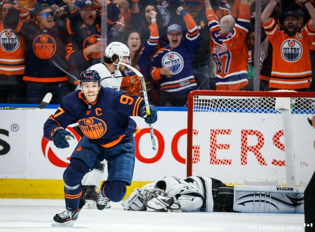 I don't post my work hockey pictures but this one surprised me when I was editing, had no memory of even taking this photo...Los Angeles Kings goalie Jonathan Quick, right, lies on the ice as Edmonton Oilers centre Connor McDavid celebrates his goal duri… instagr.am/p/CdlW2W3rNUT/