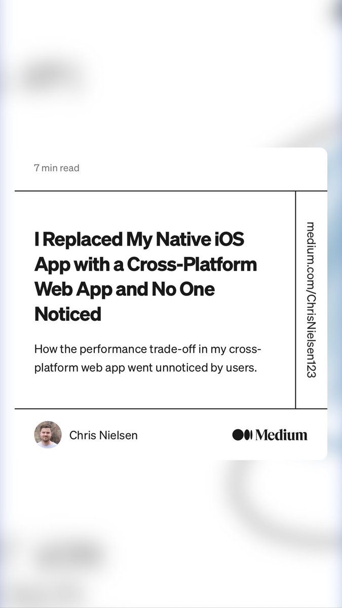 dalmaer's tweet photo. “I Replaced My Native iOS App with a Cross-Platform Web App and No One Noticed” by Chris Nielsen
https://t.co/6UsvKAxfRf https://t.co/5A8LJLPeXb