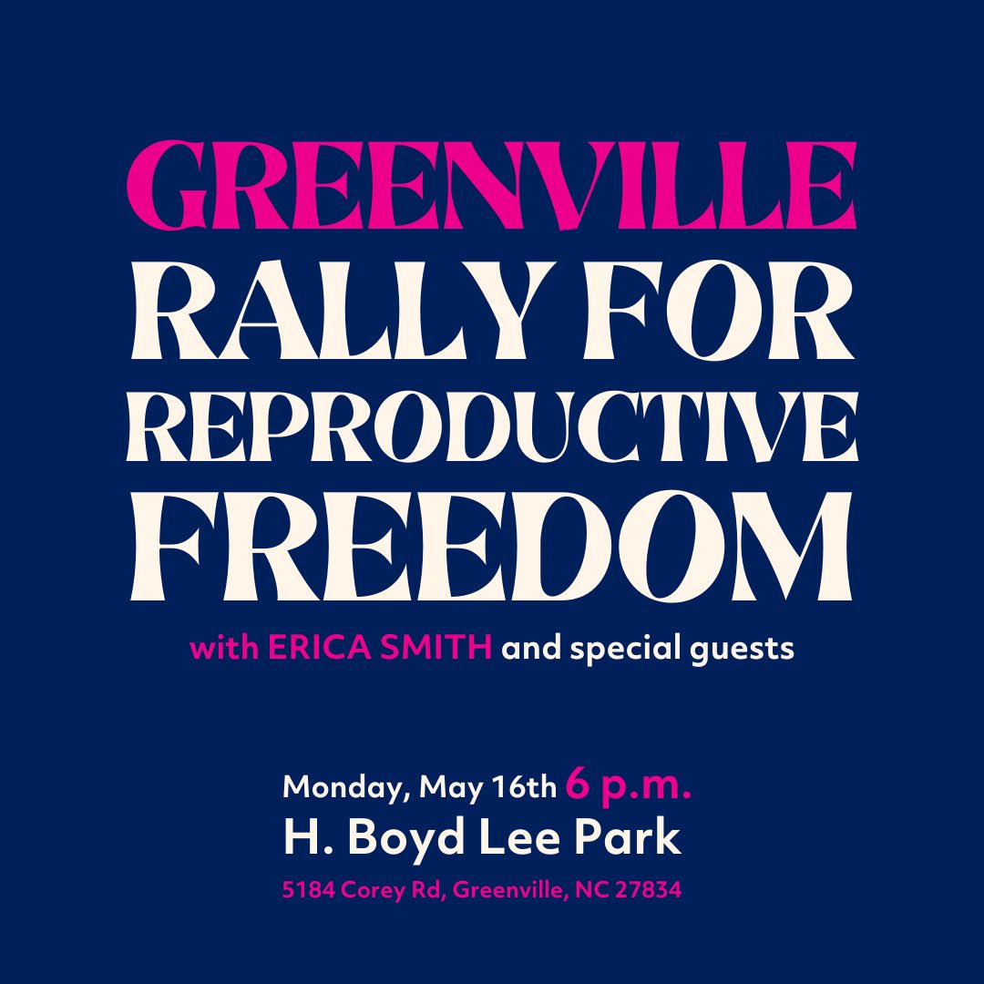 Reproductive healthcare is under attack nationally &amp; on the ballot right here in NC01.

Join us Monday evening in Greenville for a rally for reproductive freedom. mobilize.us/ericaforus/eve…