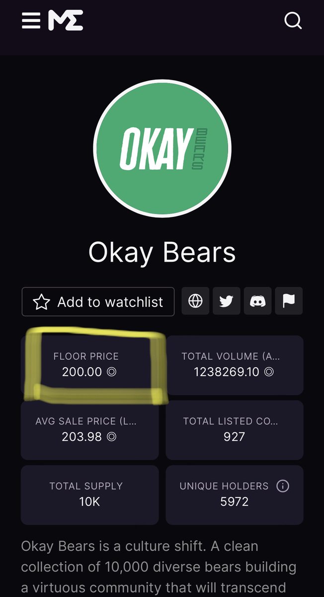 lambertus_drops's tweet photo. @okaybears floor price at 200 $SOL. I think we are going to be okay ๐Wen 300 FP? #OkayBears #WAGBO #200SOL #SolanaNFT https://t.co/vWcPf4OGUg