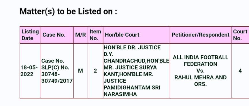 THE_RanjitBajaj's tweet photo. MARK your calendar-18th MAY 2022 historic for @IndianFootball as the petition is finally being heard due to @pbhushan1 sir &amp; @Delhi_FC @minervapunjabfc with @TheRahulMehra being the one responsible for the original case-noose is tightening -we will prevail-✊🏽✊🏽🇮🇳🇮🇳❤️❤️ https://t.co/5294LP0GpN