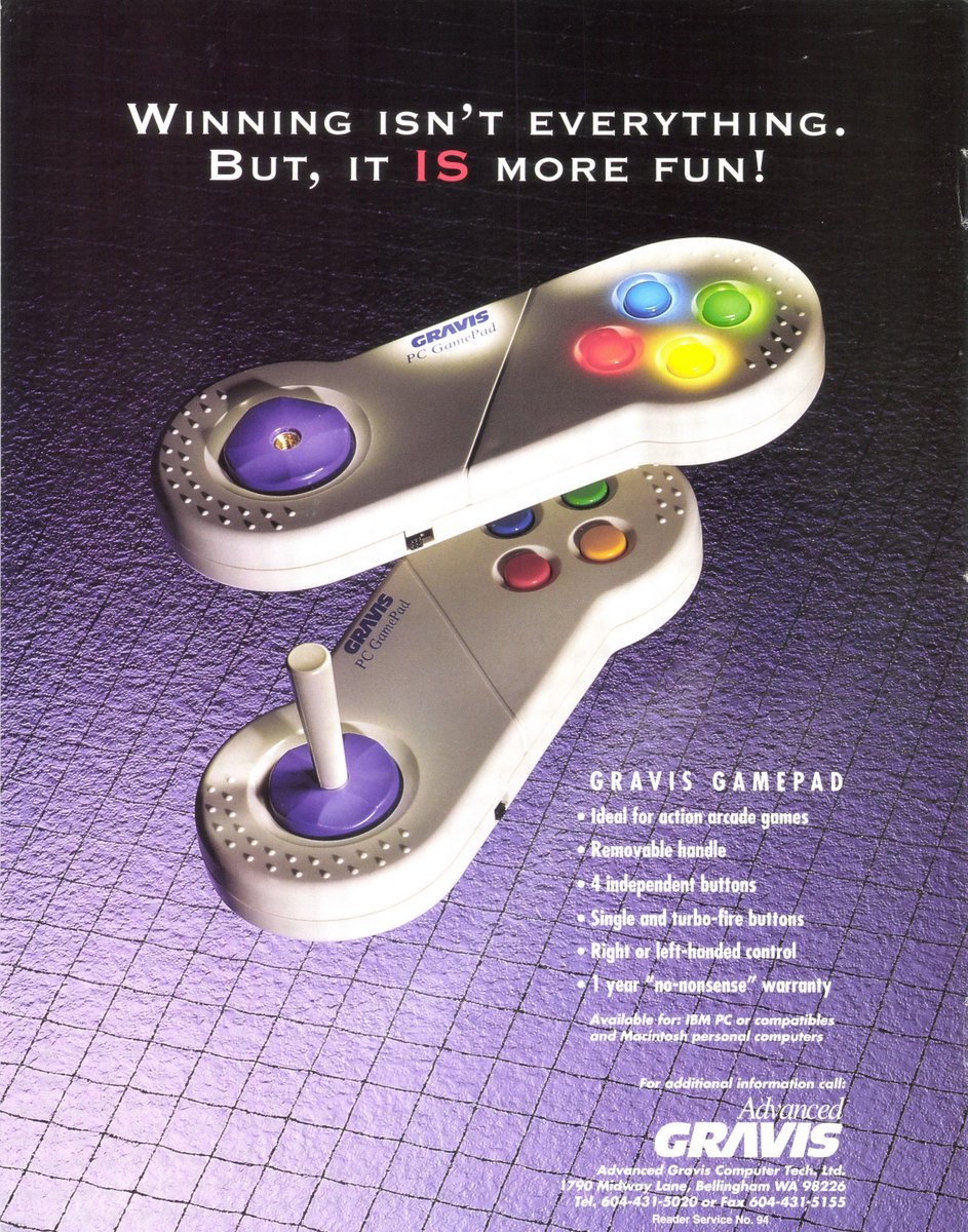GameHistoryOrg's tweet photo. The iconic design of the Gravis Gamepad for PC, as showcased in a 1994 ad scanned from the VGHF Library. https://t.co/RLFM3sNgX1