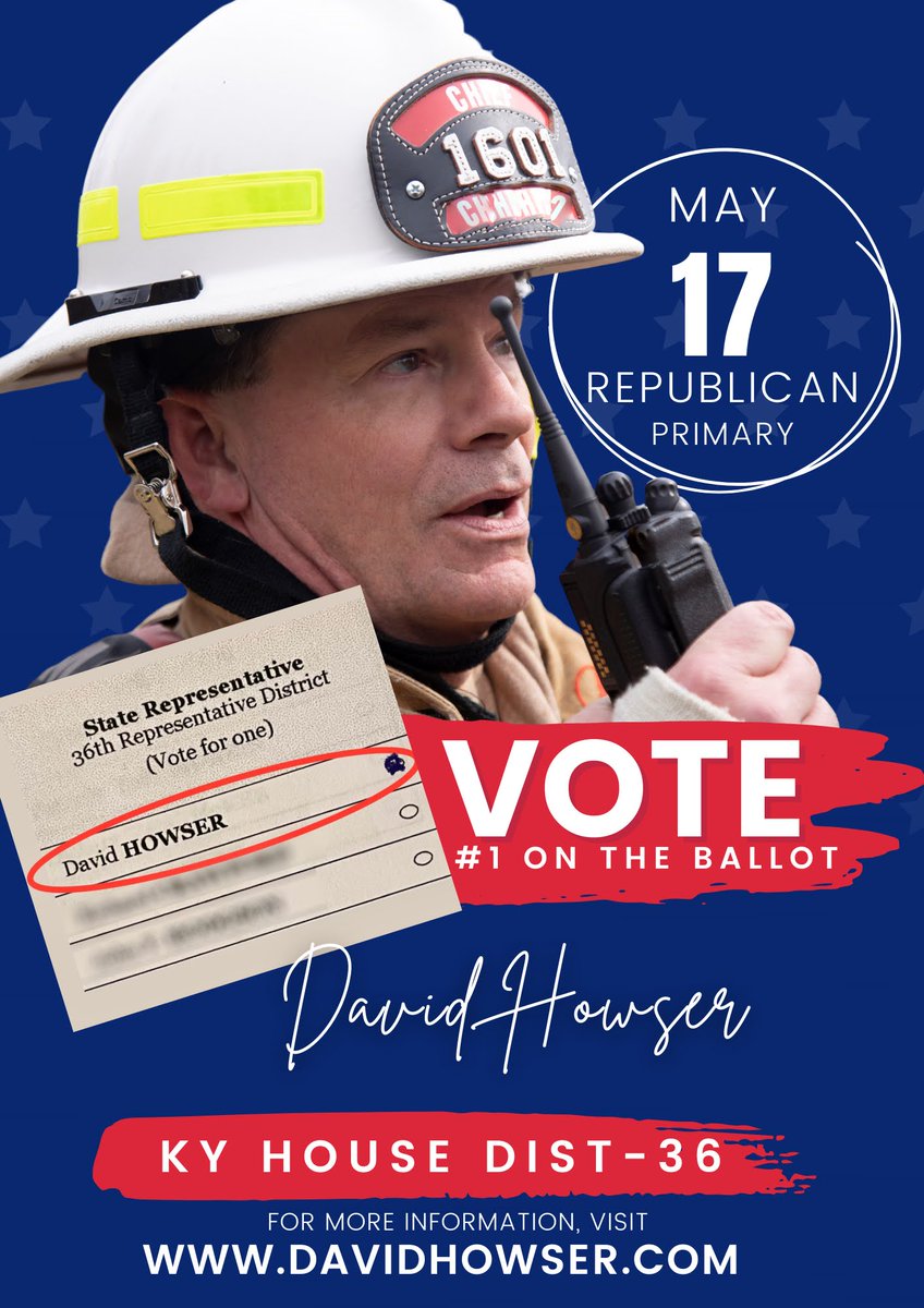 ChiefHowser's tweet photo. No ONE on this ballot in the KY House District 36 race has outworked this campaign! We knocked on the doors of more 2000 REBPUBLICAN households in this district since we began canvassing on a cold February 5th! I humbly ask for your vote! God Bless! David
#HomeGrownRep🍅 https://t.co/GbZiWU1xNr