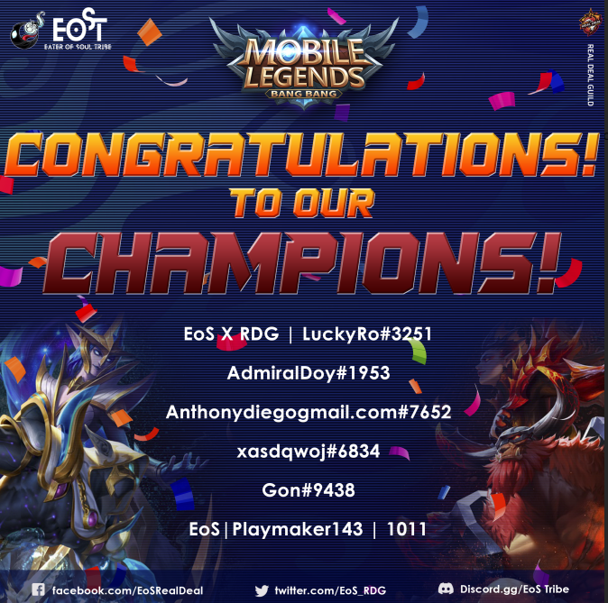 EoS_RDG's tweet photo. Congrats, Team ! Here's to more victories to come 🥂🏆
@LuckyRo777 and the gang 🔥

All thanks to @realdealguild and those who made this event happen <3 https://t.co/sdlj8CyY4J