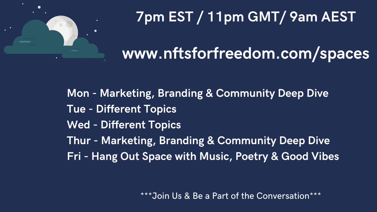 Hey to all of our evening fam (u.s.), can't sleep fam (european) &amp; morning fam (asia), we have some regular spaces for you.  Enjoy #NFTCommunity #nftsforfreedom #cryptocurrency 

Updated info at
nftsforfreedom.com/spaces