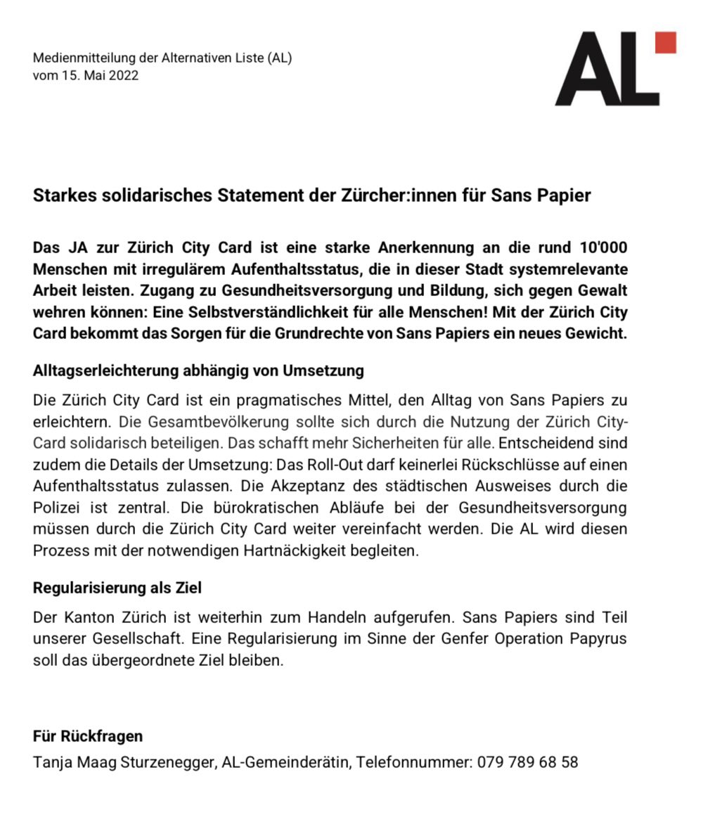 thuritch's tweet photo. Liebe Kinder, das Warten hat sein demokrat. Ende gefunden. Knapp, aber doch ist die #CityCard angenommen worden. Nun geht es darum, sie gut zu gestalten. Das Ziel der @al_zuerich bleibt die Regularisierung der #SansPapiers. Wir werden daher unser Polit-🔥im Kanton weiter streuen. https://t.co/lx6TCdNOqb