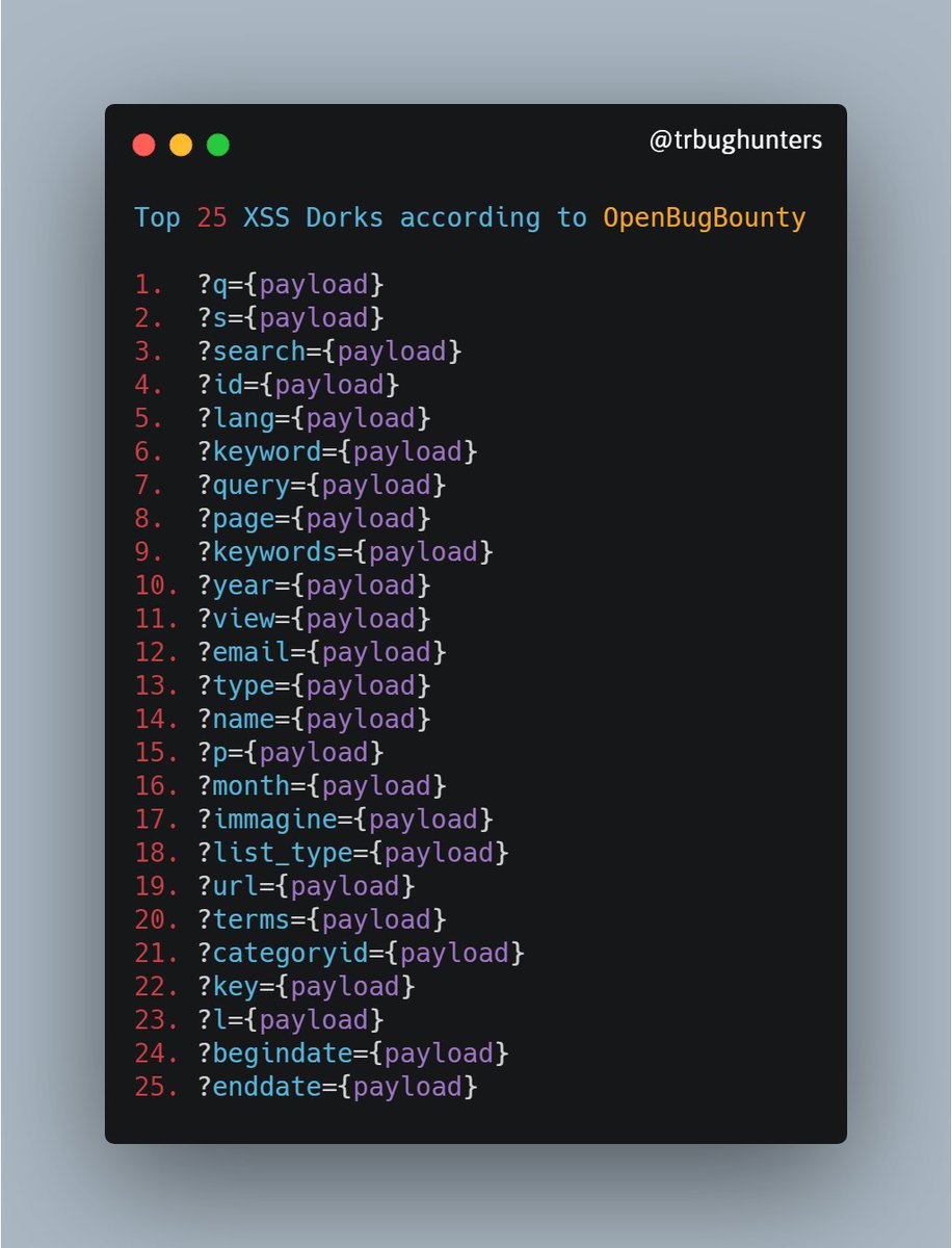 payloadartist's tweet photo. ⚔️ List of Top 25 parameters for finding:

- XSS
- SSRF
- LFI
- SQLi
- RCE
- Open Redirects

https://t.co/FP4Ykz63Tm

Useful for fuzzing.

#bugbounty #infosec #cybsersecurity #redteam #pentesting https://t.co/6jP6ghzoIT