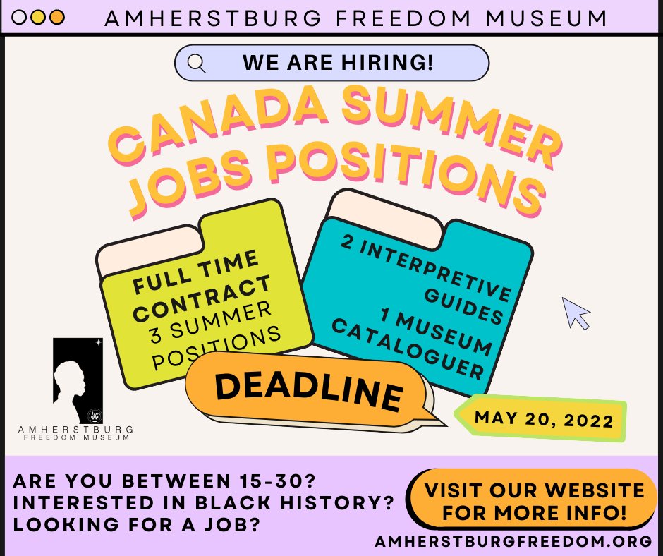 Are you between 15-30 years old? <a href="/Aburgfreedom/">Amherstburg Freedom</a> is hiring! There are three (3) positions available; 2 Interpretive Guides &amp; 1 Museum Cataloguer positions. Deadline to apply is MAY 20th, 2022.

To learn more and apply, please go to
amherstburgfreedom.org/canada-summer-…