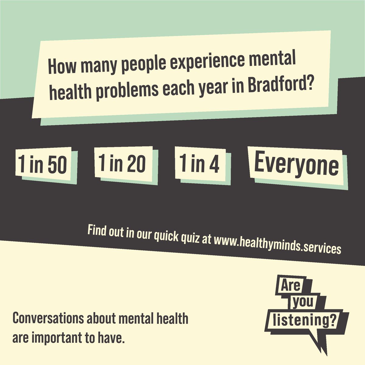 Everybody in Bradford is talking about mental health: Are you listening? 

Click here to take part in a quick quiz to test your knowledge smartsurvey.co.uk/s/XQTY4I/
#MentalHealthAwarenessWeek #MHAW22