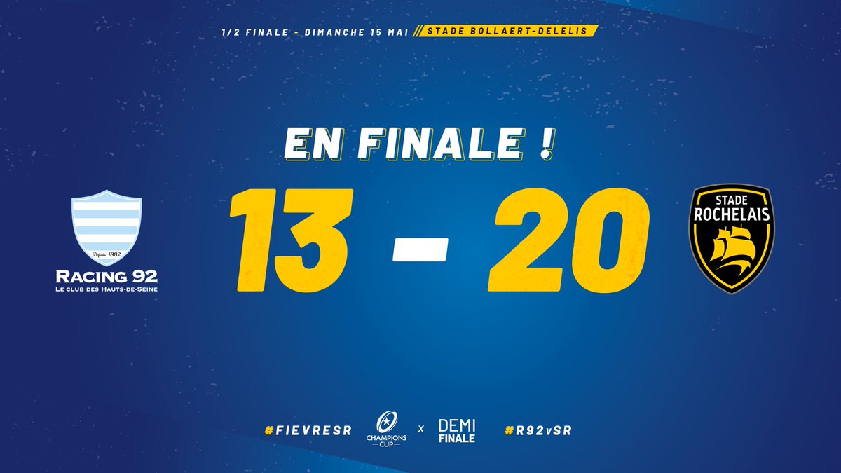 🥳 DE RETOUR EN FINALE DE CHAMPIONS CUP ! 😍

Après un énorme combat à Bollaert-Delelis, les Jaune et Noir se qualifient pour une finale de rêve face au Leinster à Marseille ! ✨

#R92vSR #ChampionsCup #FievreSR