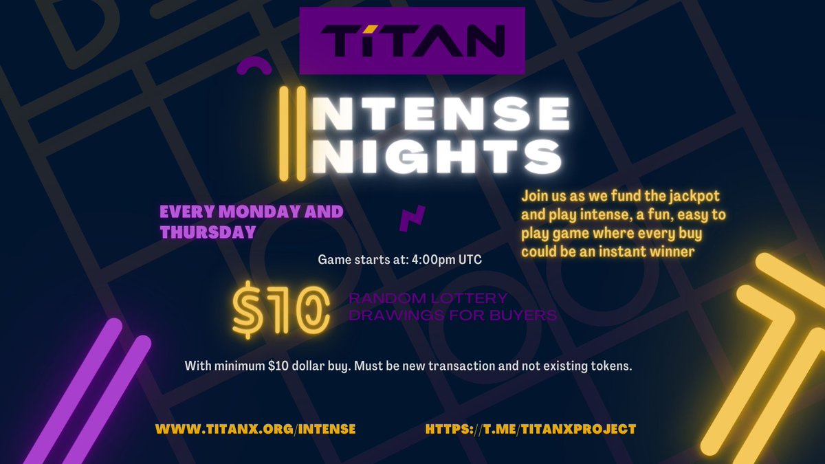 We kick-started our #Intense Game last week and some lucky #winner bagged a huge 3 #BNB #Jackpot... We are hosting game nights twice every week... Join in the #fun and you could be the next lucky #winner: titanx.org/intense

#TitanX #Launchpad #Defi $TitanX #game #Intense