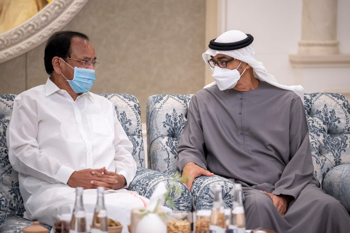 MEAIndia's tweet photo. Vice President @MVenkaiahNaidu offered condolences on sad demise of President of UAE HH Sheikh Khalifa Bin Zayed Al Nahyan to @MohamedBinZayed at Mushrif Palace.

Recalled exemplary contribution of the late leader to deepening of India-UAE ties and his care of Indian Community. https://t.co/Qm8tzRZsXn