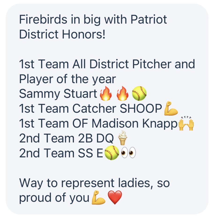 I’m honored to receive 1st team All Patriot District OF! Congrats to my Patriot District teammates who also received honors!