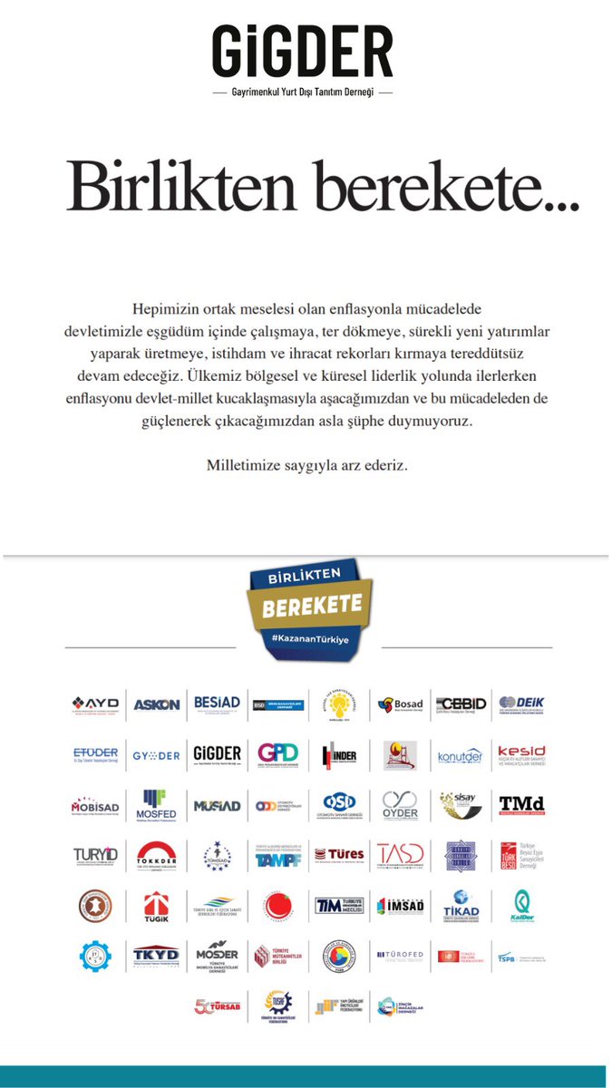 Birliğimizin temelindeki değerleri biliyor, güzel bir gelecek için birlikte çalışıyor, bu birlikteliğin enflasyonu alt edeceğine inanıyoruz.

#BirliktenBerekete #KazananTürkiye🇹🇷
