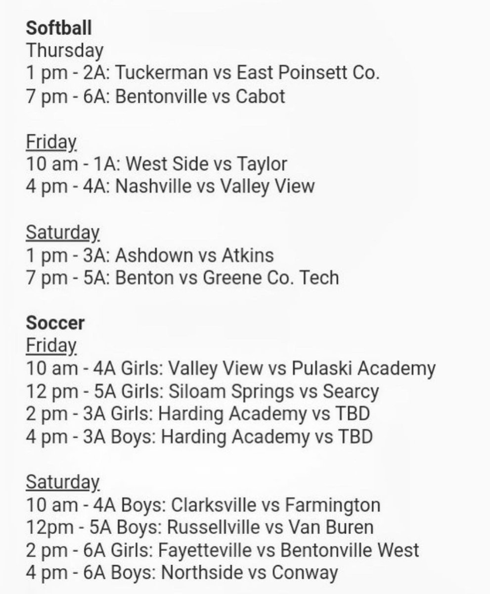 PantherRBI's tweet photo. Baseball, Softball, and Soccer Schedules For Next Weeks State Championship Games, Everyone Come Out And Support @lady_panther_softball As They Play For Back To Back State Titles!! #onepanther @bentonpublicschools @bentonpantherfootball @bentontipoffclub @bentonhscheer https://t.co/IgnNgG5PsL