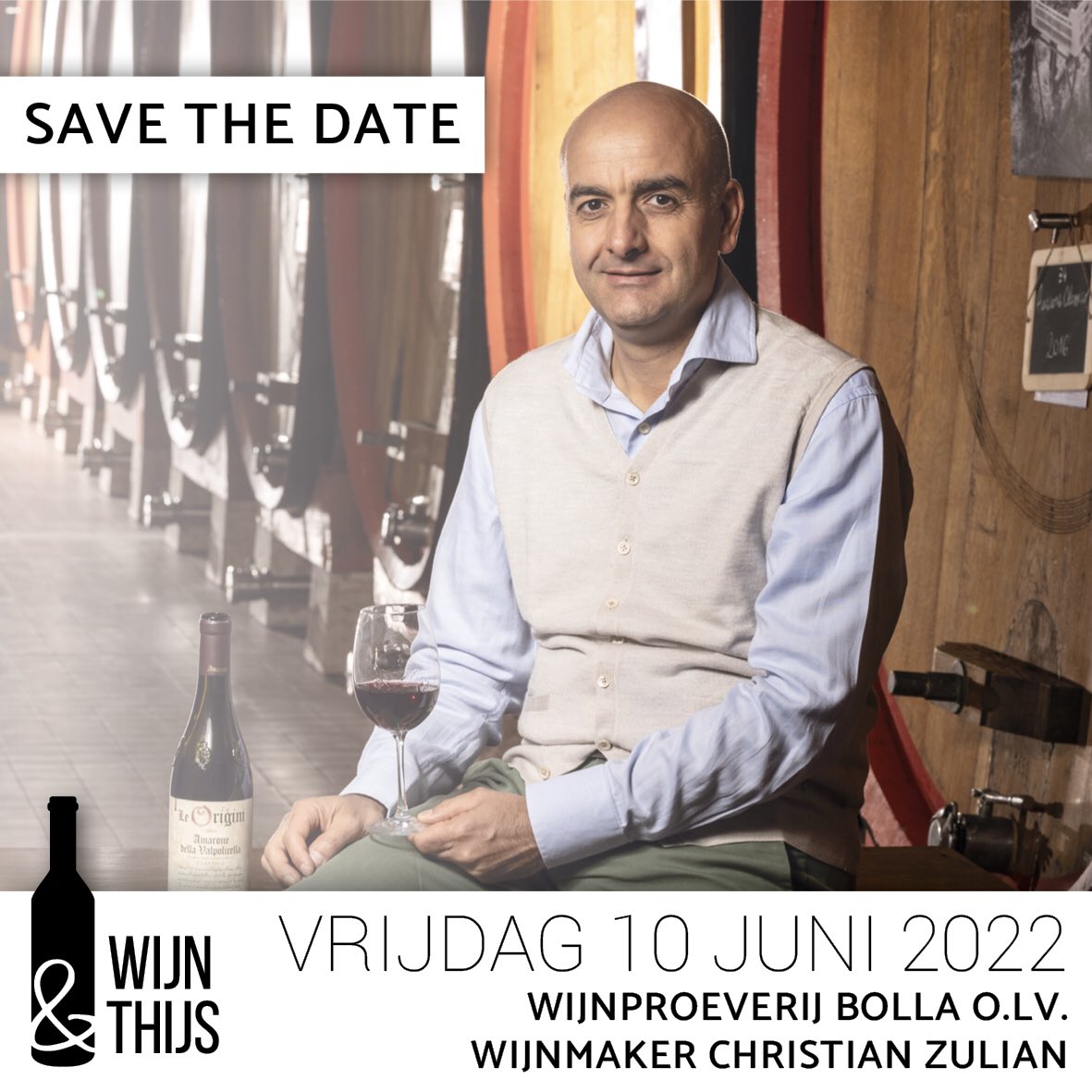 Save the date!
Wijnproeverij <a href="/WijnThijs/">Wijn & Thijs</a> <a href="/Winespiritsbv/">Wine & Spirits</a> vrijdag 10 juni
