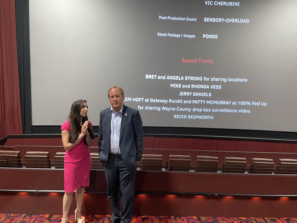 KenPaxtonTX's tweet photo. It was great to see so many people at my screening of #2000Mules last night. It’s a very compelling documentary. Everyone needs to watch it. #VoterFraud is real &amp; we must join together to stop it! 

Thanks to @danielledzouzag &amp; Chris Salcedo who joined me at the movie. https://t.co/JyiryLkW54