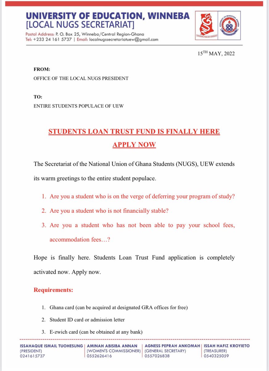 NugsUew's tweet photo. Attention Dear Colleague and Seniors of UEW🔵⚪️🔴

Students Loan Trust Fund is finally here✅✅✅

Apply Now!!!📌📌📌

Follow this link to join my WhatsApp group: https://t.co/L5ysOFLpLE

NB:
for students who have interest in students loan only. https://t.co/U2xK1AskfA