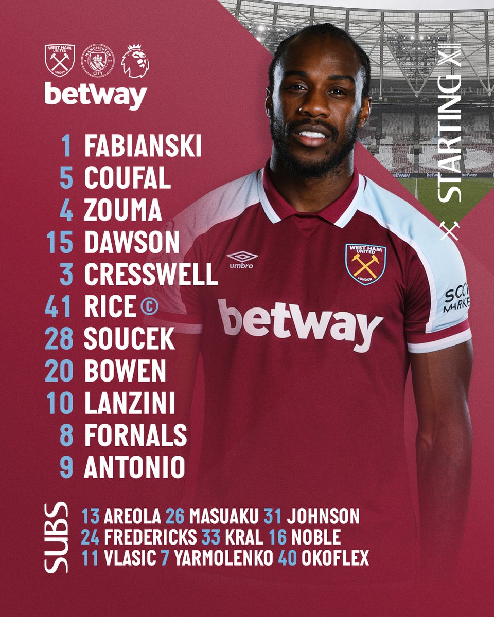WestHam's tweet image. Here's how we're lining up for today's match...

@betway | #WHUMCI