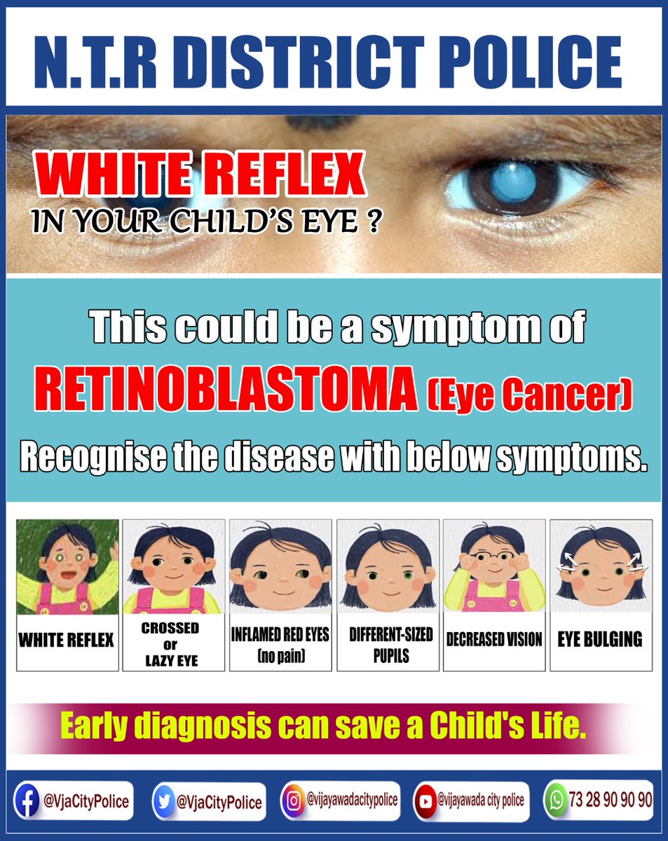VjaCityPolice's tweet photo. White reflex in your child's eye? This could be a symptom of Retinoblastoma (Eye Cancer). Recognize the disease early and you could save a Child's Life.
#RetinoblastomaAwareness #RB #RBWEEK #Leukocoria #KnowTheGlow #RBawarenessweek #NTRdistrictpolice
@APPOLICE100 @dgpapofficial https://t.co/MpJtuMLQaV