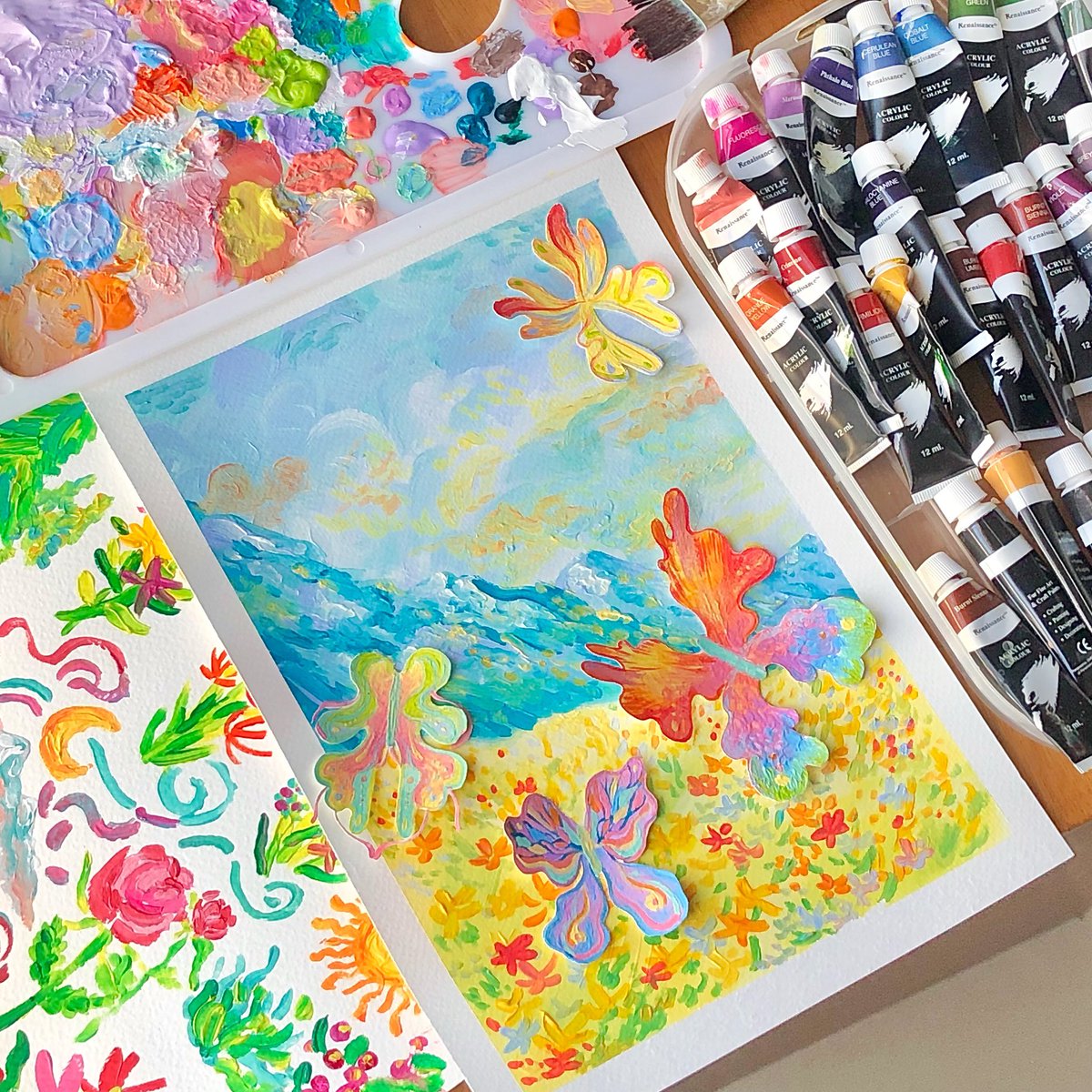 nichadoespaint's tweet photo. butterflies in lively field 🌈🦋🌼 https://t.co/rO9z7jUJcN