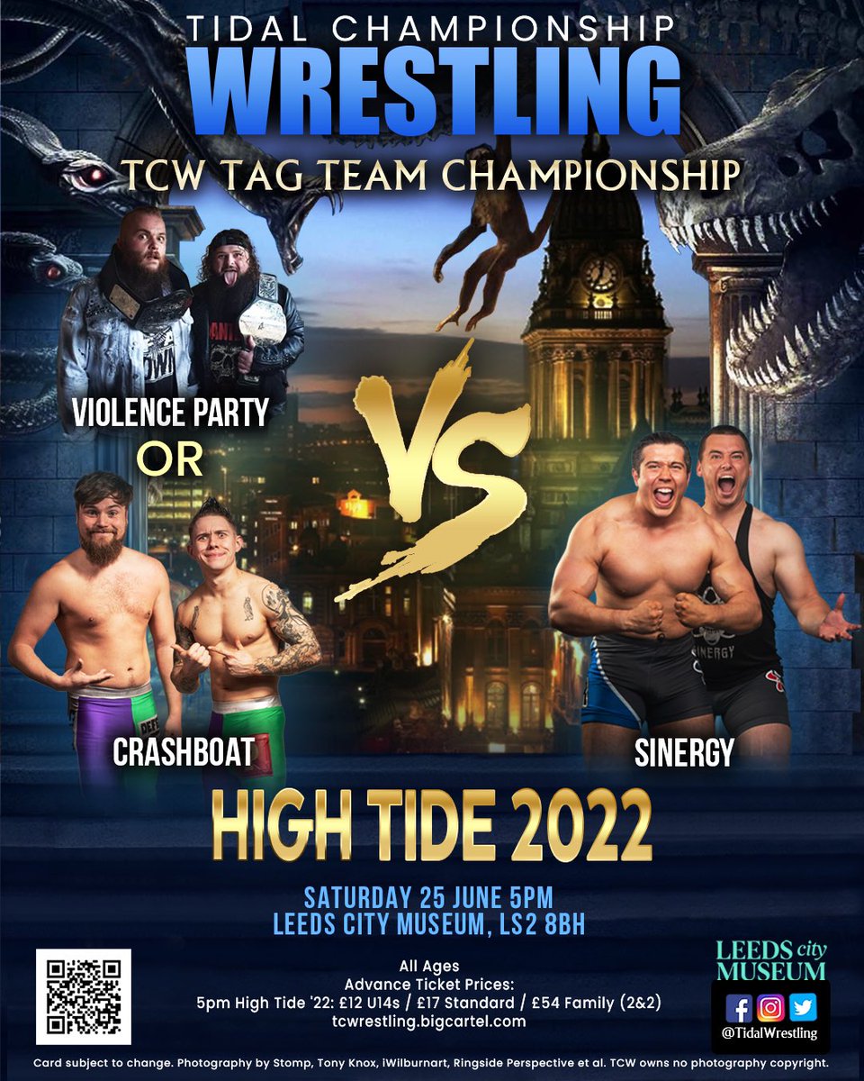 High Tide 2022 Saturday 25 June 5pm Sinergy await the winners of the Matinee at the Museum match between Violence Party and Crashboat! 🎟 tcwrestling.bigcartel.com/product/highti… #tidalwrestling #leeds #leedscitymuseum #tidal