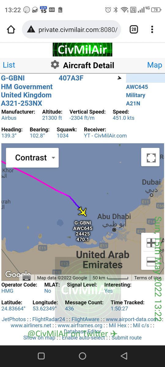CivMilAir's tweet photo. ✈ #BorisForceOne inbound Abu Dhabi

UK PM @BorisJohnson on a visit to UAE on the passing of the ruler of Abu Dhabi, Sheikh Khalifa bin Zayed Al Nahyan.

🇬🇧 HM Government
A21N G-GBNI AWC645 https://t.co/CAMngx6uaC