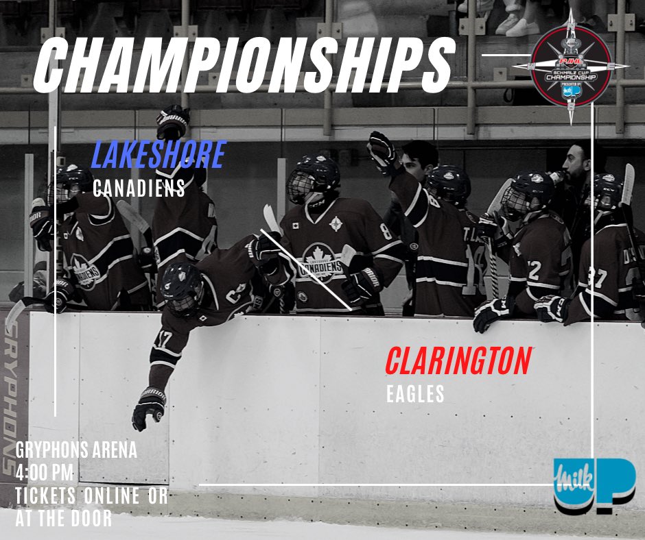PJHL_Official's tweet photo. Last night, Semi Finals determined that Clarington and Lakeshore would be the two teams battling out in the Championships today, With Lakeshore eliminating Grimsby after a 5:0 loss. Clarington put out Stayner with a final score of 4:1. YOU WON'T WANT TO MISS THIS!! https://t.co/ZUMklYmtwS
