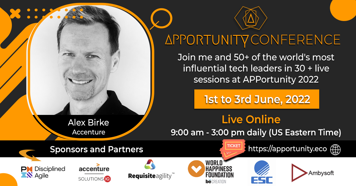 apportunityeco's tweet photo. We are honoured and excited to have @alexbirke as one of  our esteemed speaker for APPortunity 2022 taking place on 1-3 June 2022. 
https://t.co/P6TwyxyNYV

#apportunity2022 #apportunity #requisiteagility #technology #virtualevent #techevent #tech https://t.co/AzU2u6XbTj