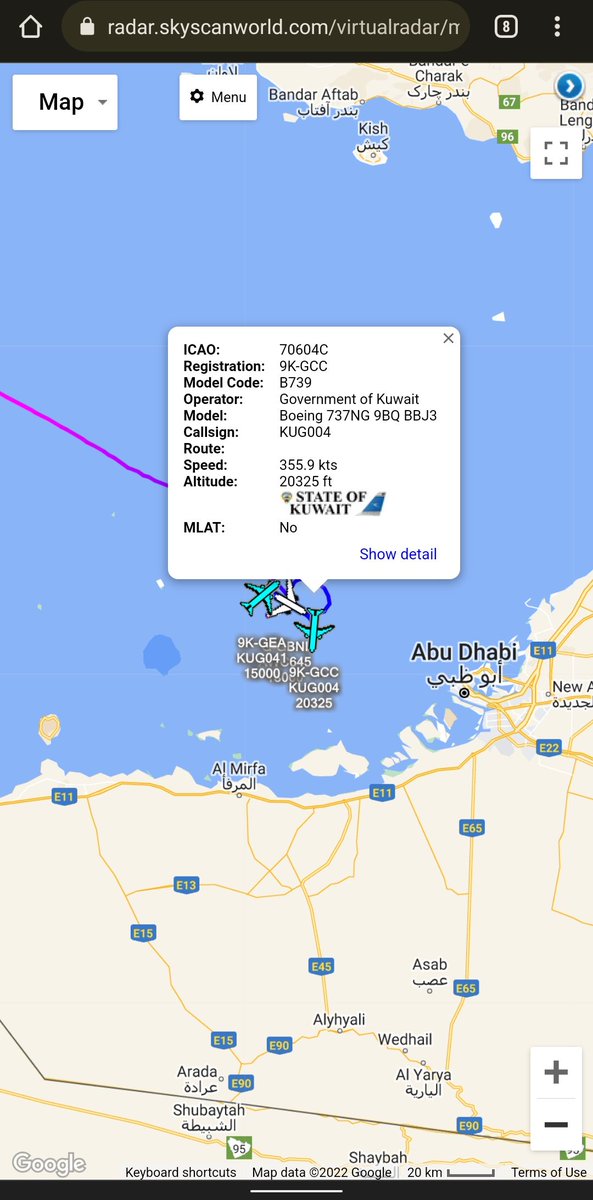 scan_sky's tweet photo. 3 x Government Aircraft Currently Holding Over The Persian Gulf Waiting To Land In Abu Dhabi 🇦🇪 - Including Boris Johnsons. 

Titan Airways 🇬🇧 - A321-251NX - G-GBNI - #AWC645

2 x Kuwait Government 🇰🇼 - Airbus 319-115X - 9K-GEA - #KUG041 / Boeing 737-9BQ - 9K-GCC - #KUG004 https://t.co/MPlZfGjXbH