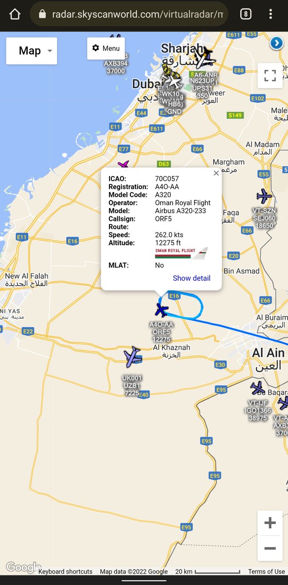 scan_sky's tweet photo. Also Holding Near To Abu Dhabi International Airport 🇦🇪

Government Of Uzbekistan 🇺🇿 - Boeing 787-8 - #UK001 - #UZB1

Oman Royal Flight 🇴🇲 - Airbus A320-233 - A4O-AA - #ORF5 https://t.co/rLn46foU4R