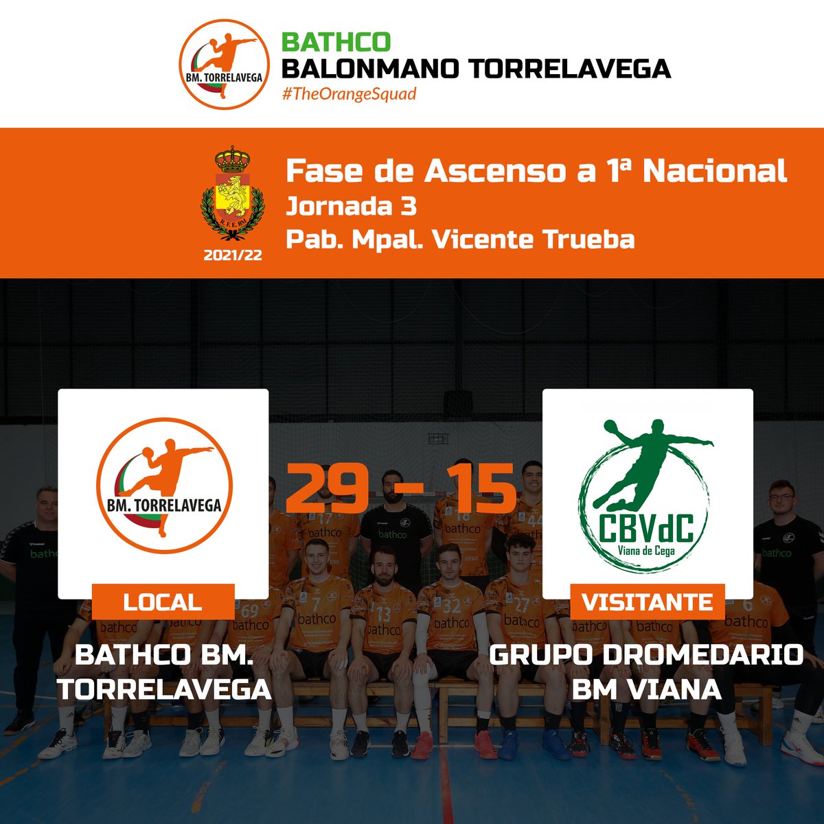 BMTorrelavega's tweet photo. Torrelavega, capital mundial del deporte y la felicidad. SOMOS DE 1ª NACIONAL
🏆 #MATCHDAY Fase de Ascenso a 1ª Nacional
🏟️ Vicente Trueba
⏰ 60:00
🟧 #TheOrangeSquad 29
⚪ @CBVdC 15 https://t.co/VQvlMtGL9L
