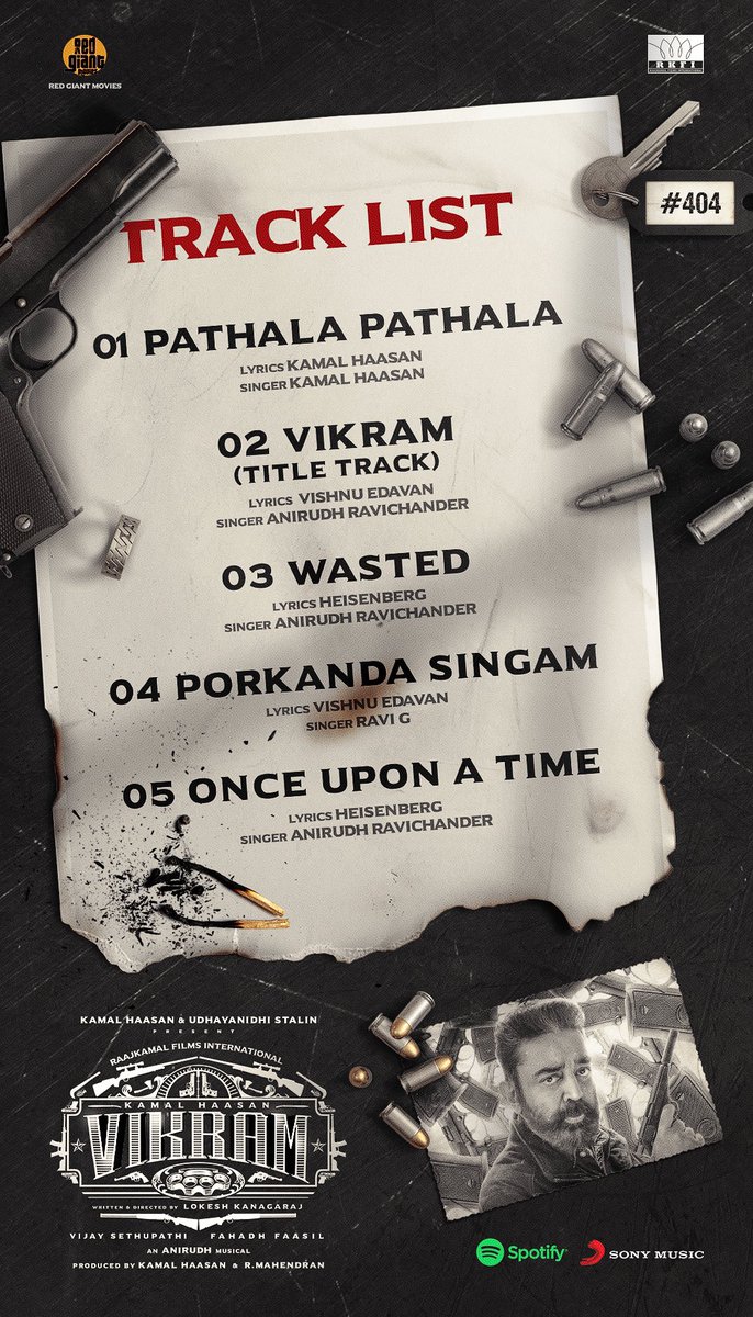 #Vikram tracks streaming this evening 🥁🥁🥁
#VikramTrailer at 7pm 🥳🥳🥳
Let’s go 🔥🔥🔥

Ulaganayagan <a href="/ikamalhaasan/">Kamal Haasan</a> 
<a href="/Dir_Lokesh/">Lokesh Kanagaraj</a> <a href="/VijaySethuOffl/">VijaySethupathi</a> #FahadhFaasil <a href="/Udhaystalin/">Udhay - தமிழ்நாட்டை தலைகுனிய விடமாட்டேன்</a> #Mahendran <a href="/RKFI/">Raaj Kamal Films International</a> <a href="/SonyMusicSouth/">Sony Music South India</a> <a href="/turmericmediaTM/">Turmeric Media</a> <a href="/anbariv/">AnbAriv</a> <a href="/iamSandy_Off/">SANDY</a> <a href="/RedGiantMovies_/">Red Giant Movies</a>