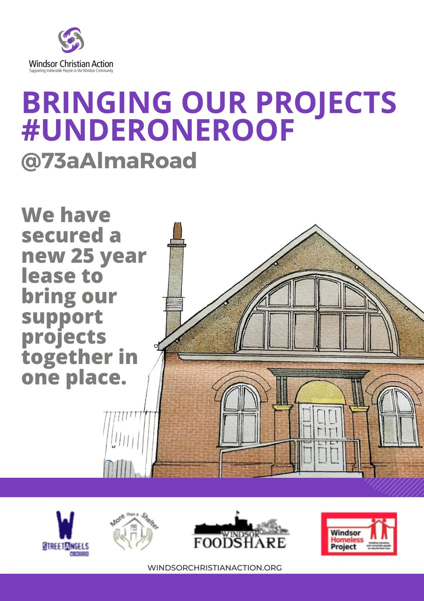73aAlmaRoad's tweet photo. Hello and welcome!
73a Alma Road will be the new physical hub for the charities that sit under Windsor Christian Action:
@WindsorHomeless Project
@WindsorStreet Angels
@WindsorFoodshare
#MoreThanaShelter
Our four charitable activities have never had a proper home. Until now… https://t.co/19Ui5XjnRC