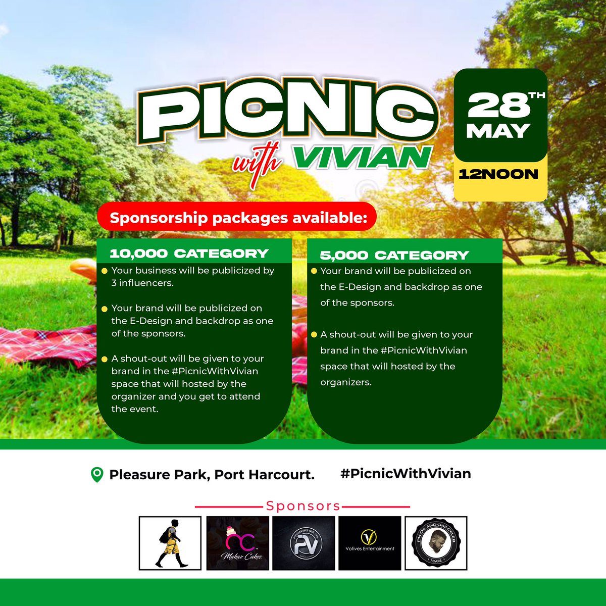 “I don’t have friends in Ph”, “I want an event in an open park”, “I need to know my mutuals”, “I don’t want a loud event”, “I want a gathering where we can eat and drink and laugh in Ph”… 
See it here o. #PicnicWithVivian is bringing you all of that… Don’t snooze.