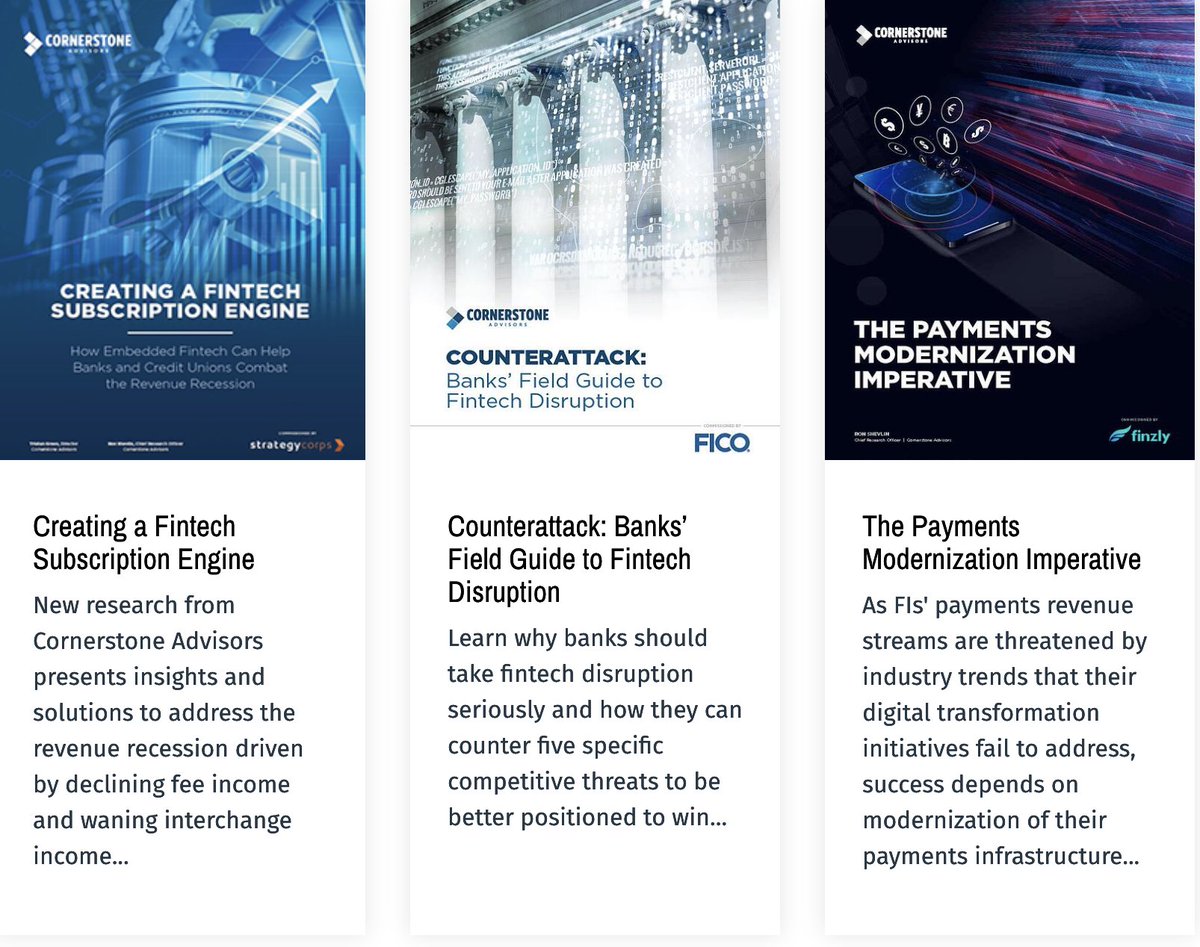 Thought you might like to see some of the recent #fintech, #banking, and #payments reports recently published by <a href="/CstoneAdvisors/">Cornerstone Advisors</a> 

Go here for the report links (they're available for free):
crnrstone.com/research/commi…

Thx to the commissioning firms:
<a href="/StrategyCorps/">StrategyCorps</a> @FICO <a href="/finzly/">Finzly</a>