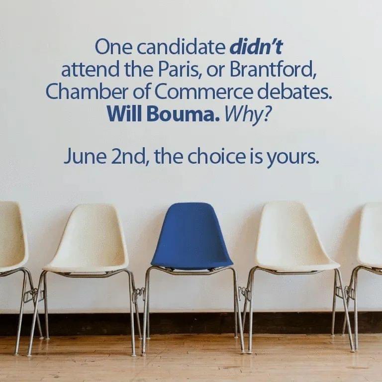 PaulMason2's tweet photo. @WillBoumaBrant @OntarioPCParty @fordnation And Will Bouma hides from voters in #BrantfordBrant and wonโt participate in debates. He hasnโt been there for the community for four years and he wonโt engage in democratic debates. Voters deserve better and that is @HarveyBischof #WheresWill #ChooseBetter https://t.co/SzKj3J5PmV